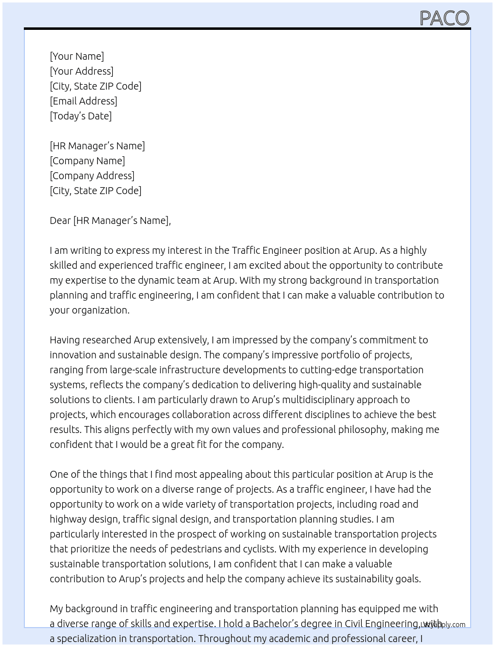 Traffic Engineer At Arup Cover Letter