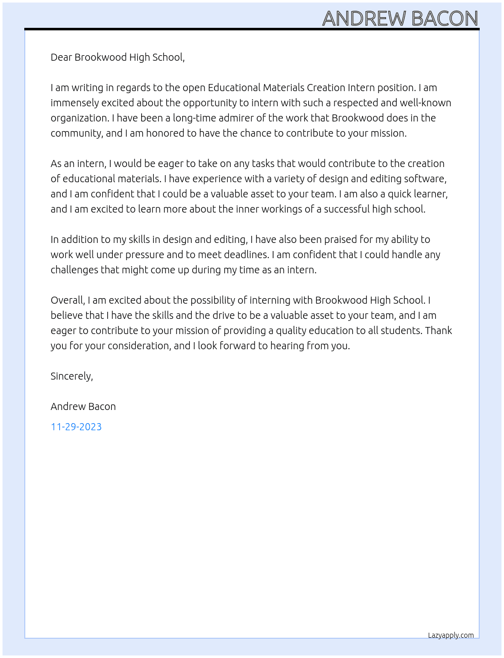 Educational Materials Creation Intern At Brookwood HIgh School Cover Letter