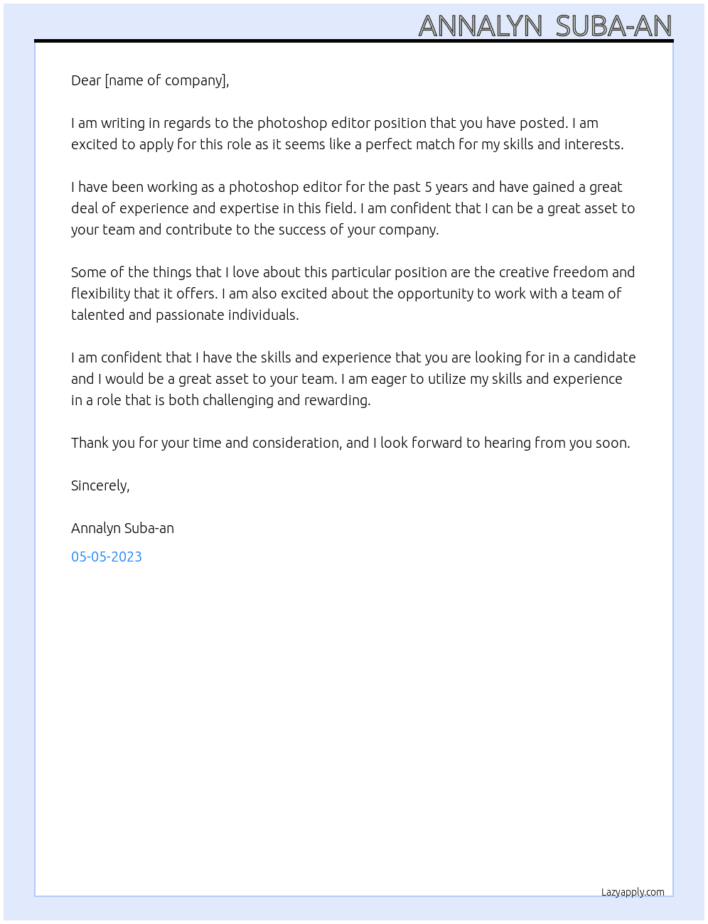 photoshop editor At Annalyn  Suba-an Cover Letter