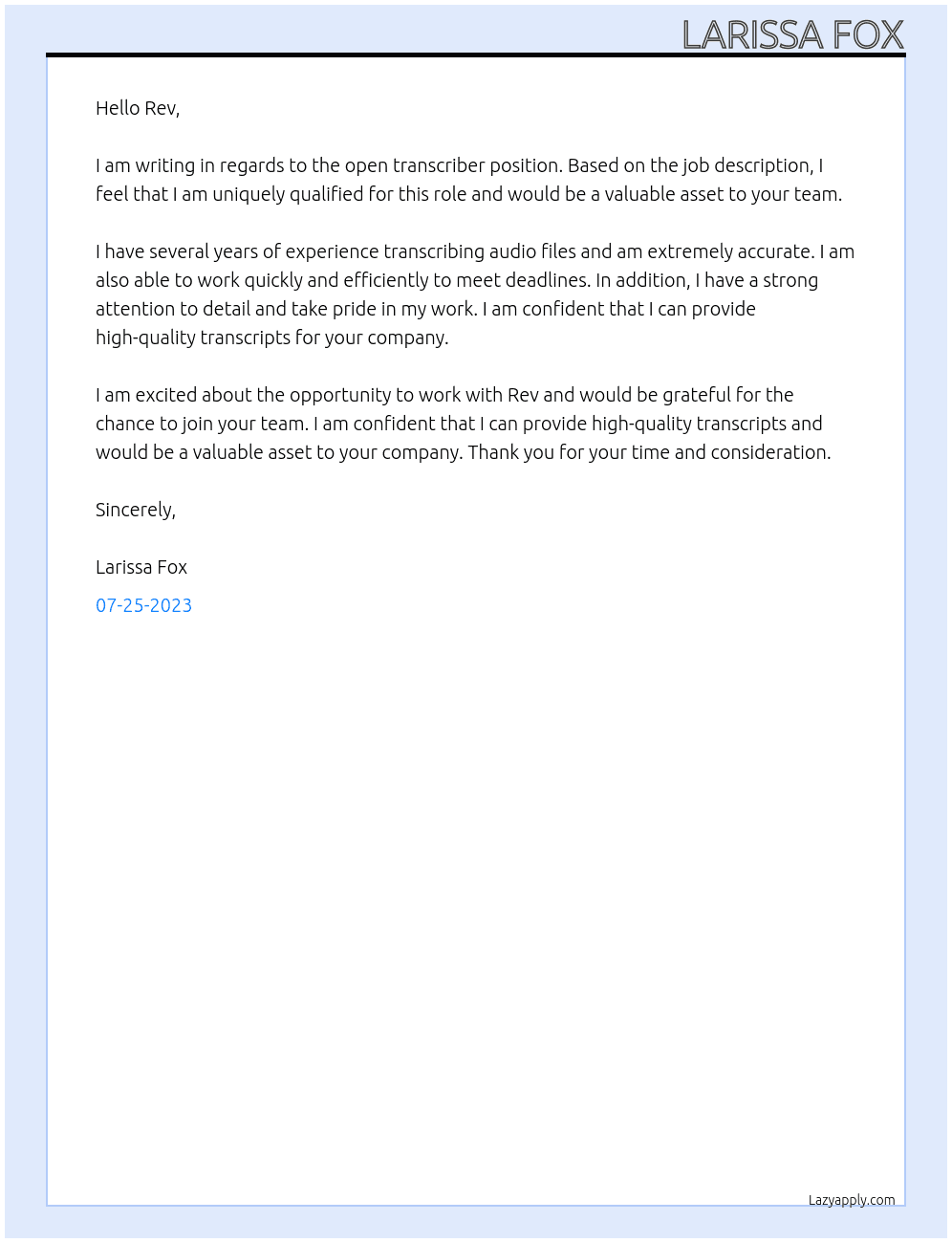 Transcriber At rev Cover Letter