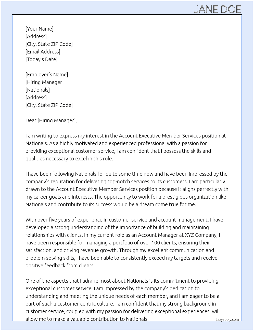 account executive member services At nationals Cover Letter