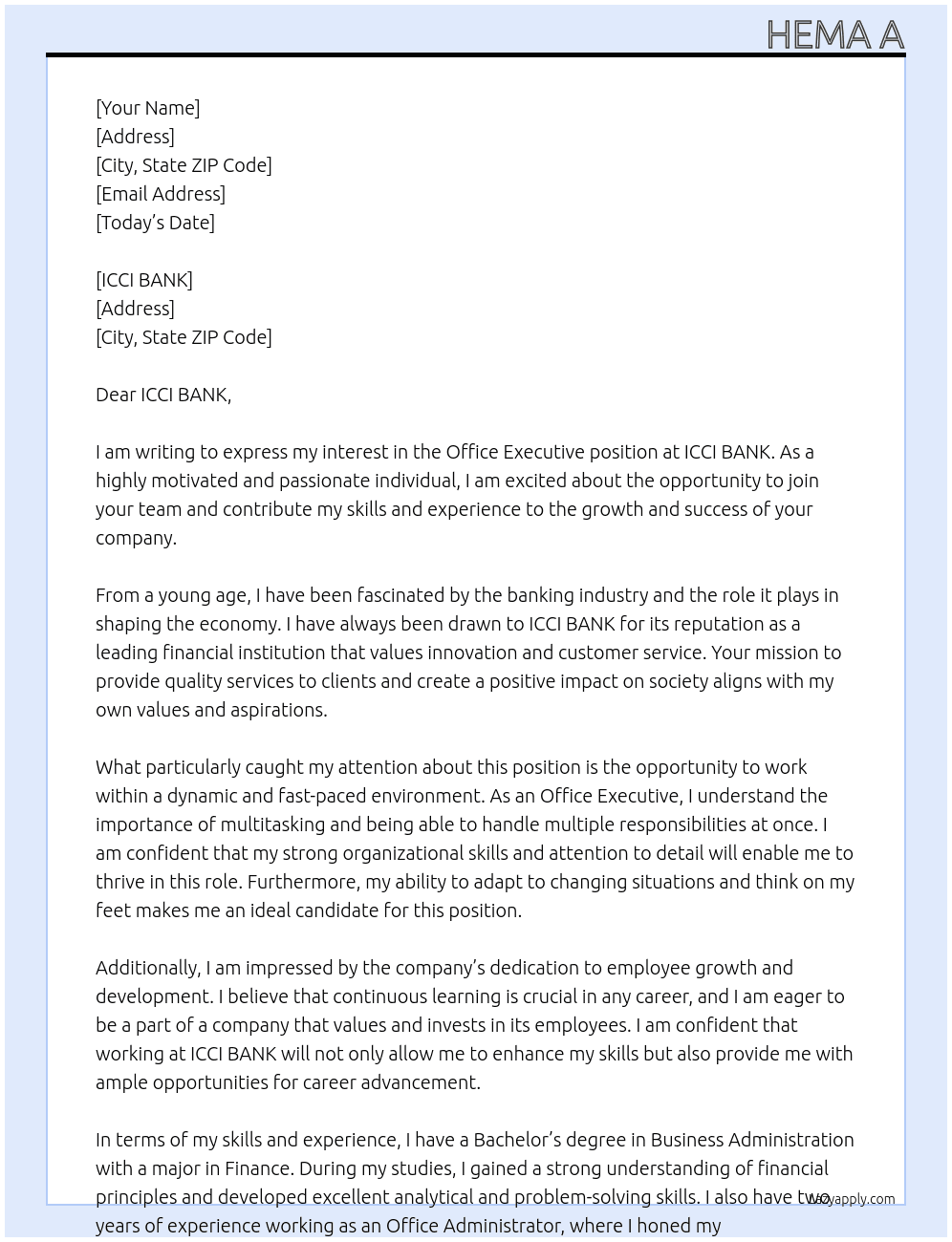 Office Executive  At ICCI BANK Cover Letter