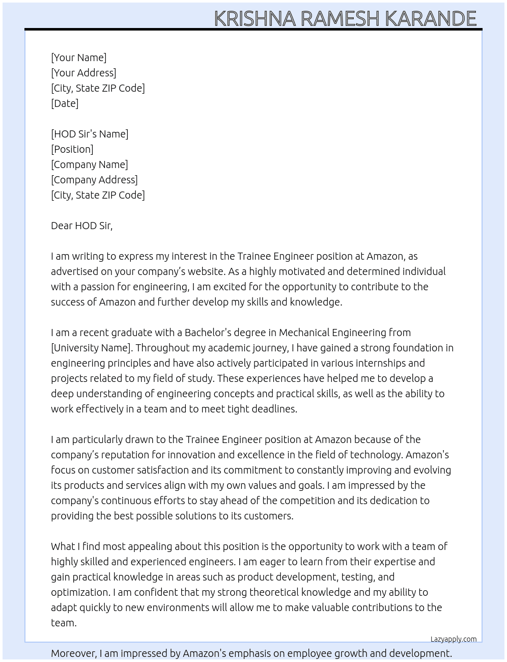 Trainee engineer  At Amazon  Cover Letter