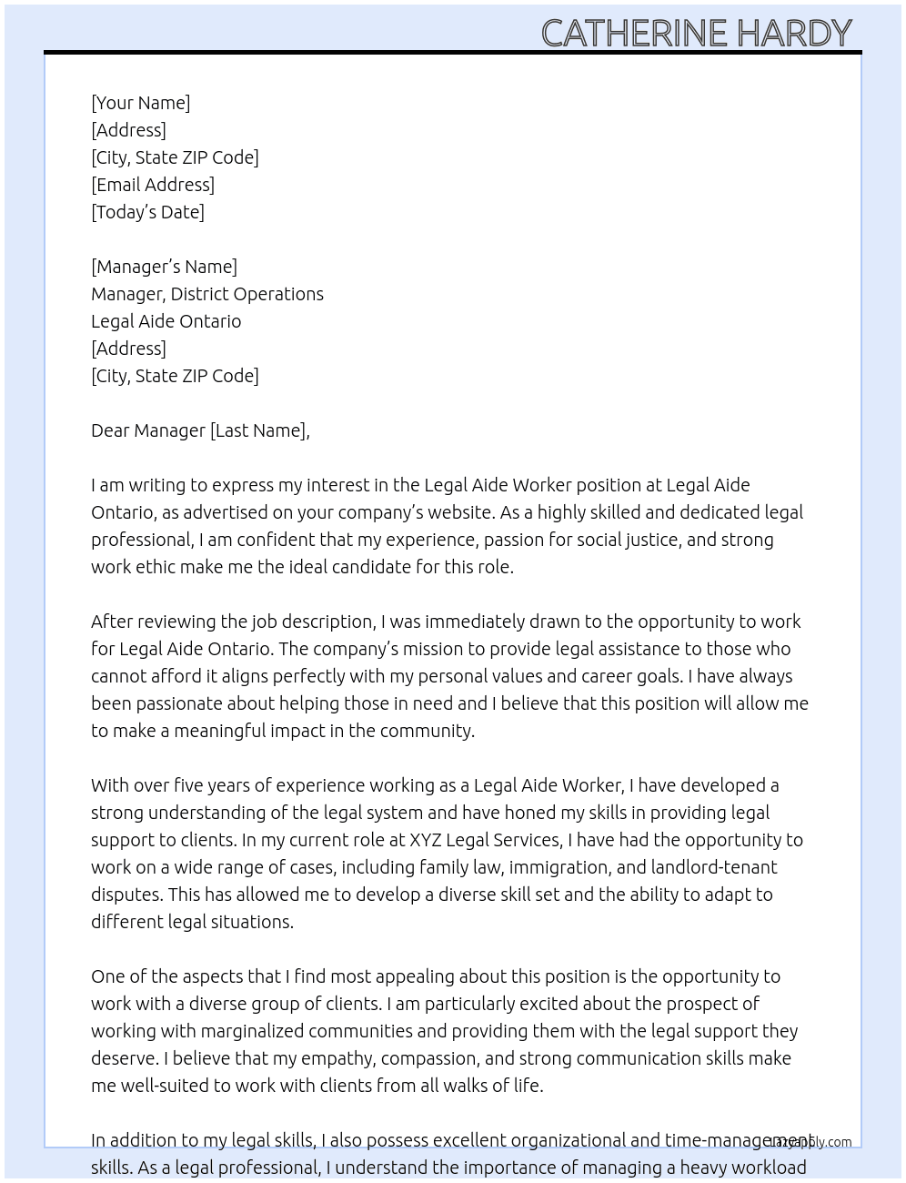 Legal Aide Worker At Legal Aide Ontario Cover Letter