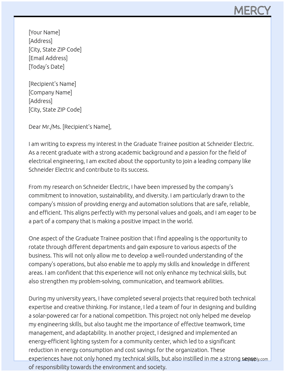 Graduate Trainee At Schneider Electric  Cover Letter