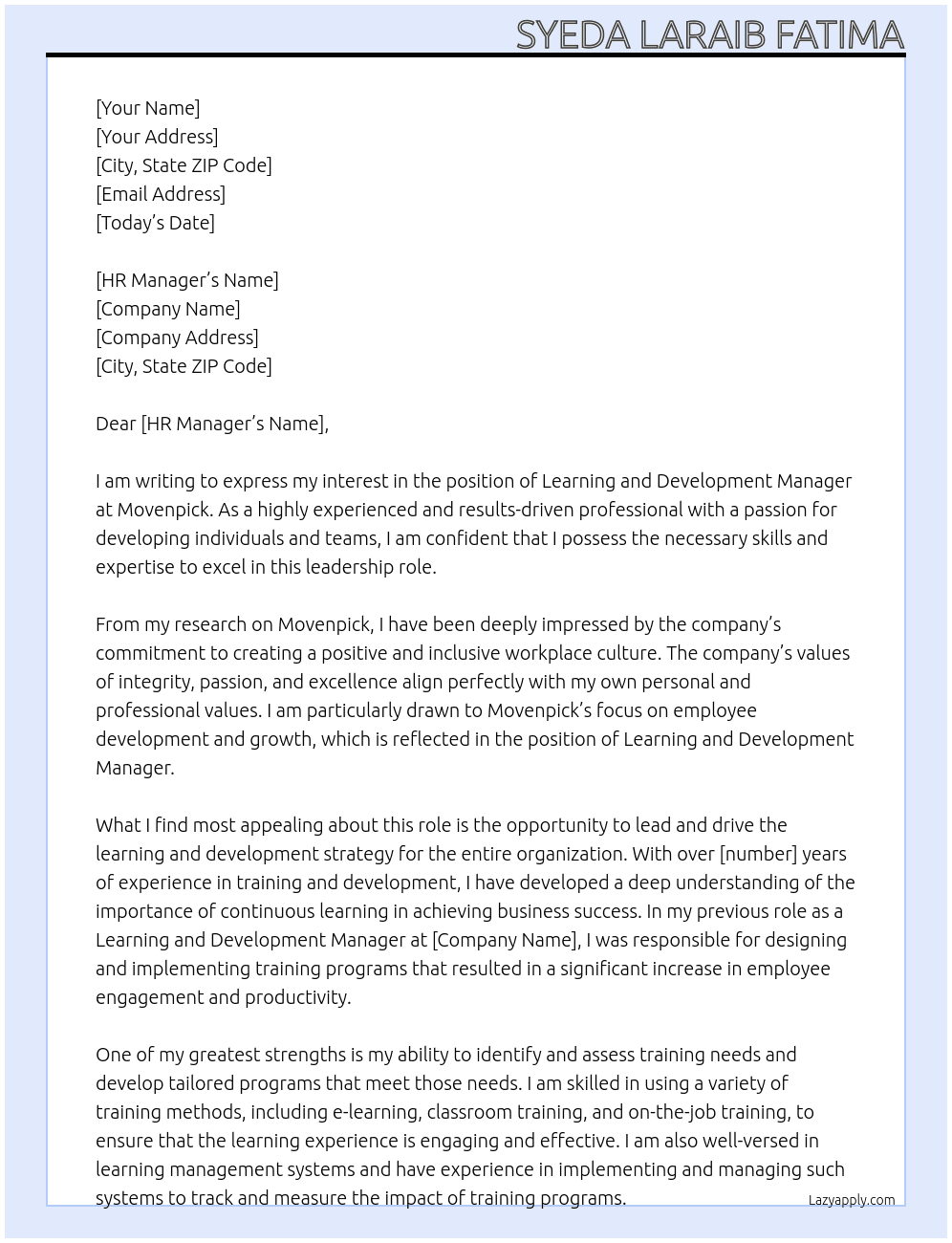 LEARNING AND DEVELOPMENT MANAGER At Movenpick Cover Letter