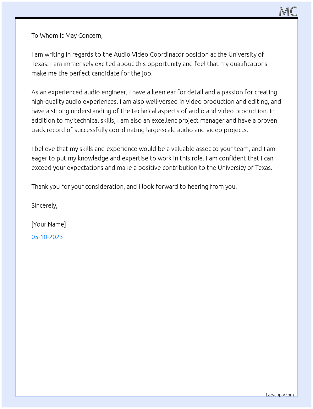 Audio Video Coordinator At university of texas Cover Letter