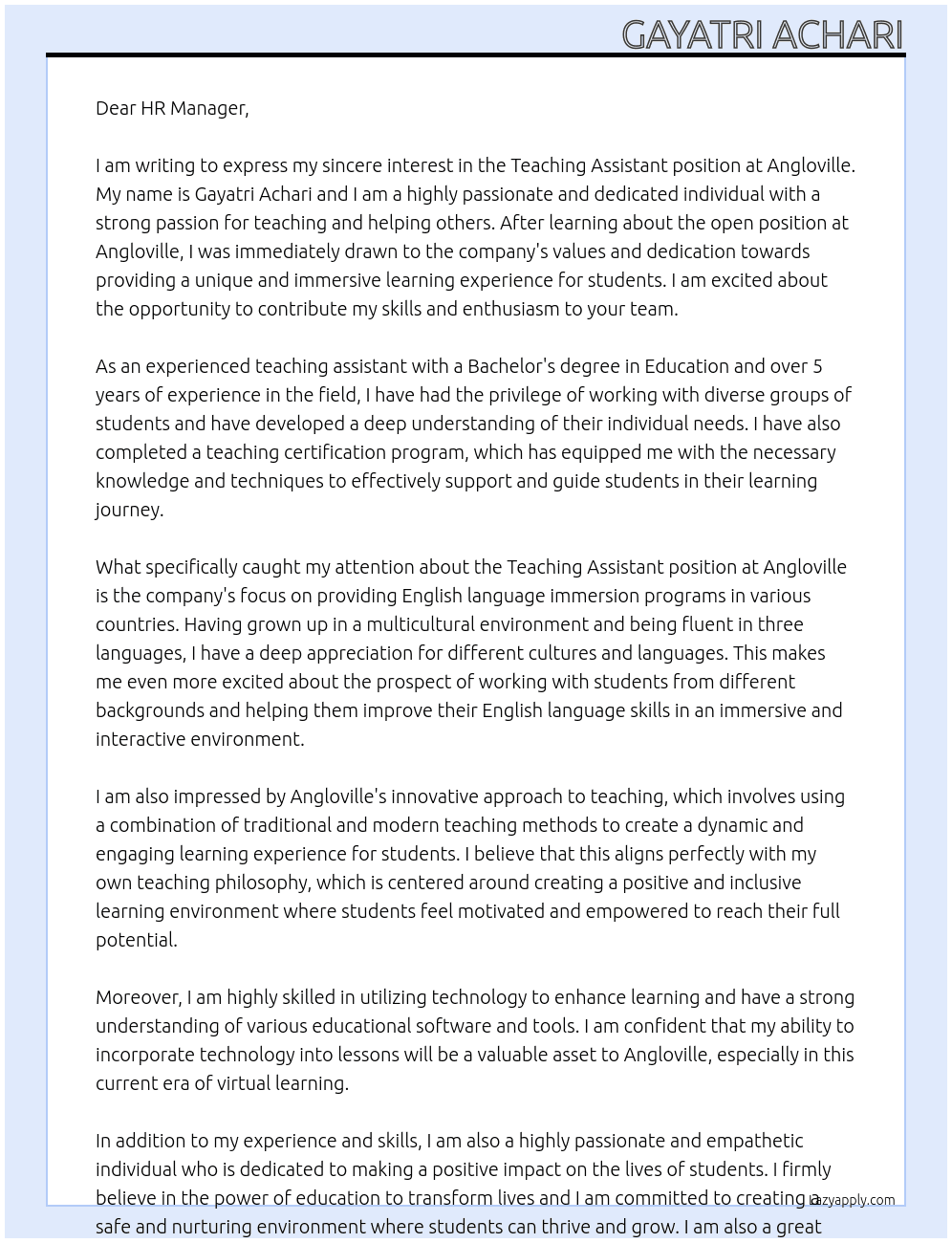 teaching assistant At Angloville Cover Letter