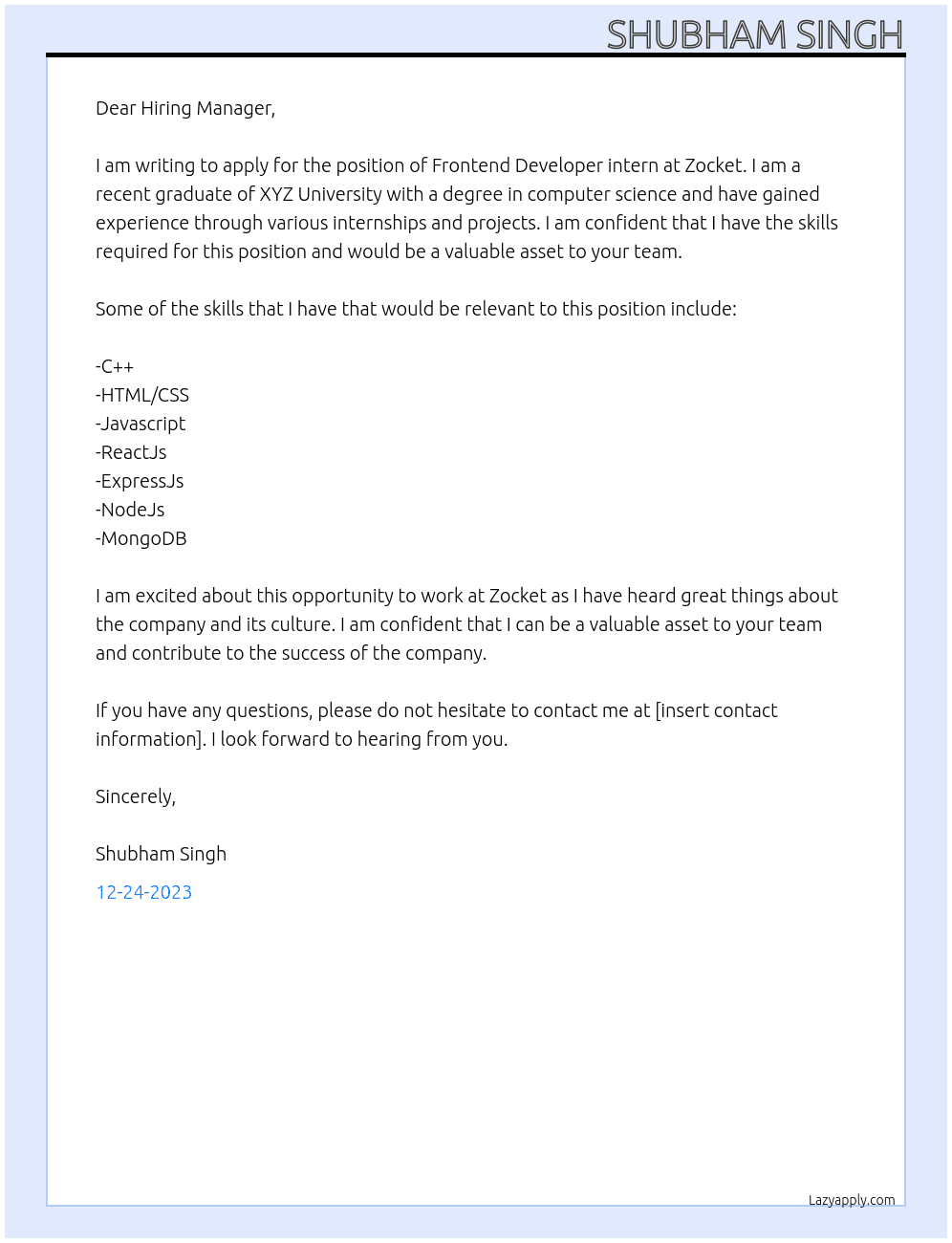 Frontend Developer inter At Zocket Cover Letter