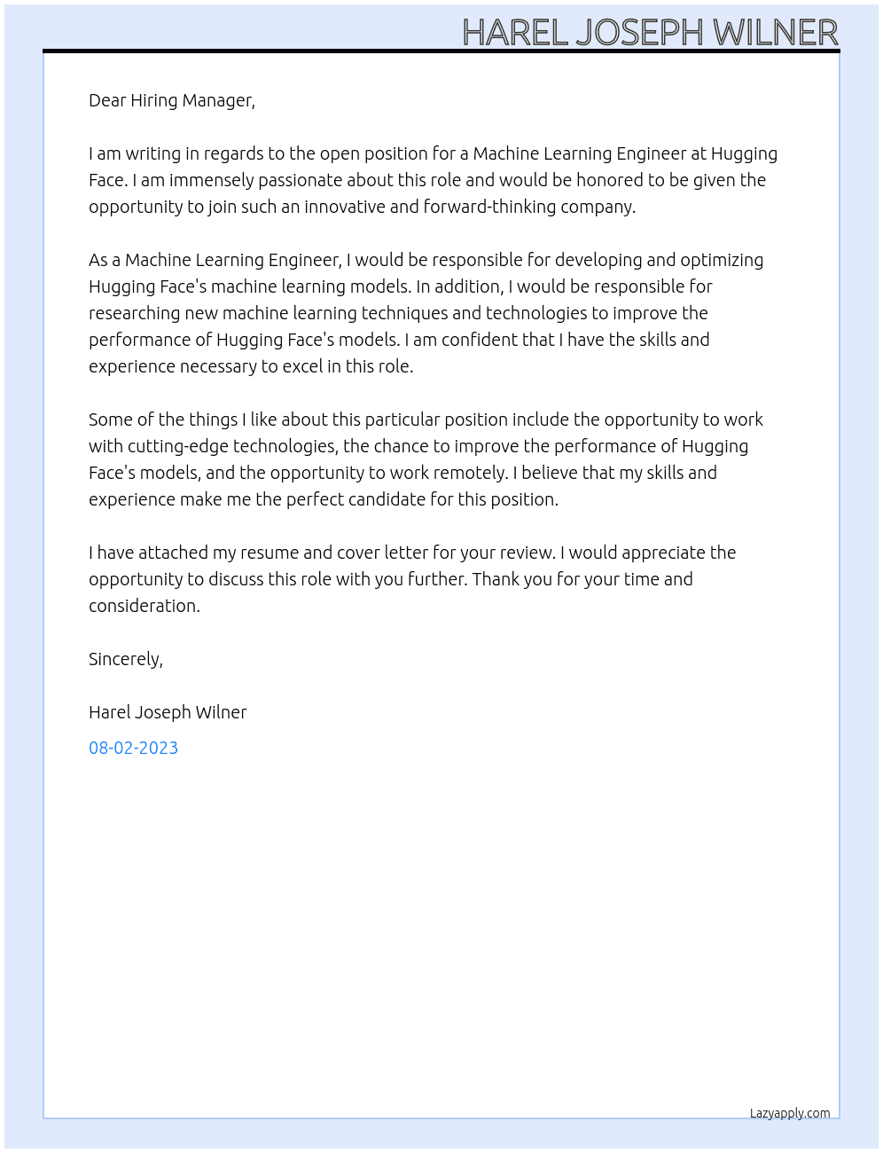 Machine Learning Engineer - US Remote At Hugging Face Cover Letter