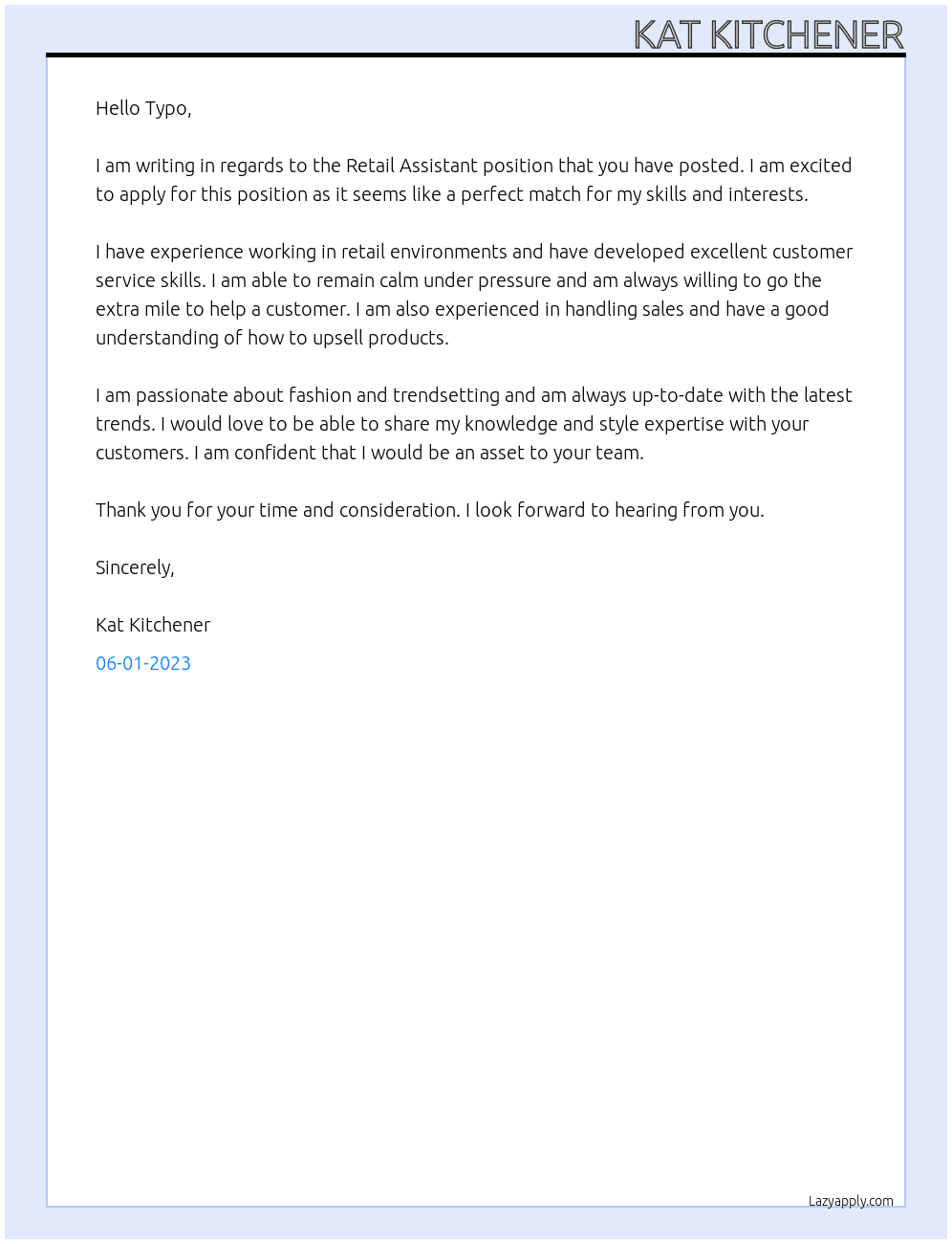 Retail Assistent At Typo Cover Letter