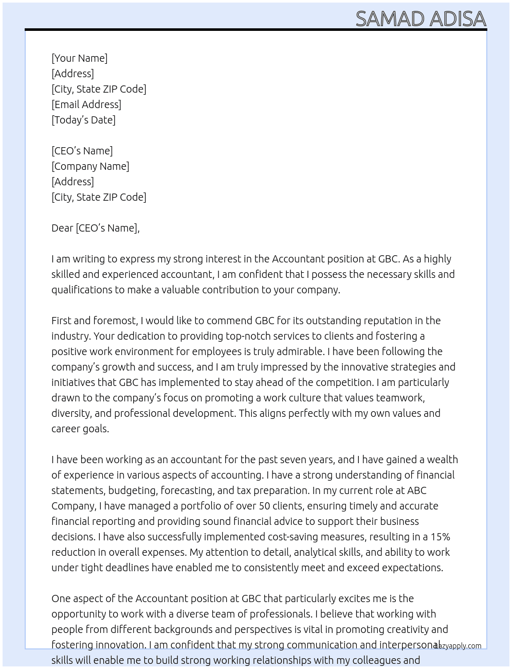 Accountant At GBC Cover Letter