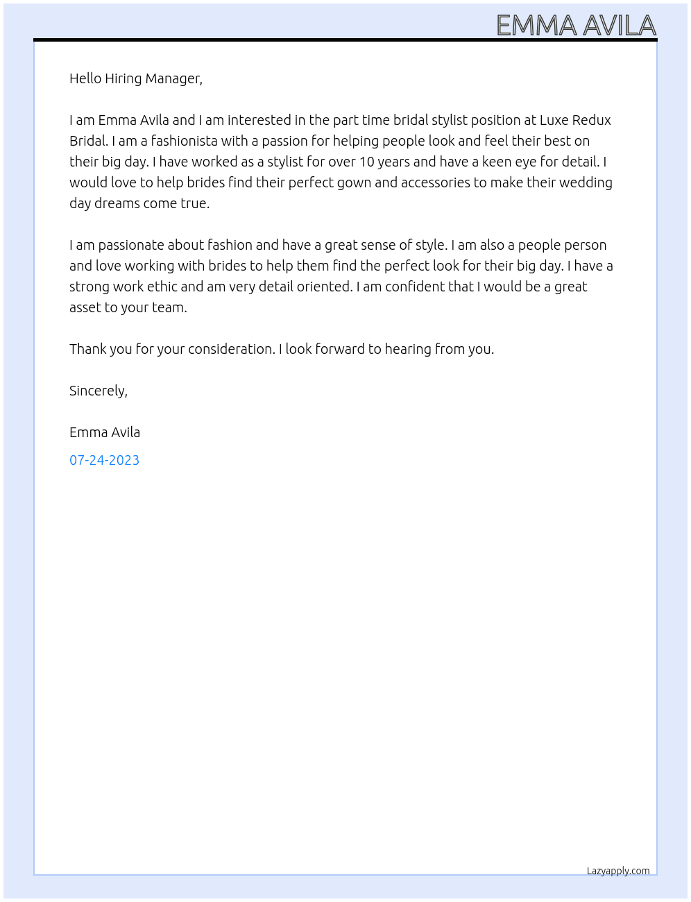 Part Time Bridal Stylist At Luxe Redux Bridal Cover Letter