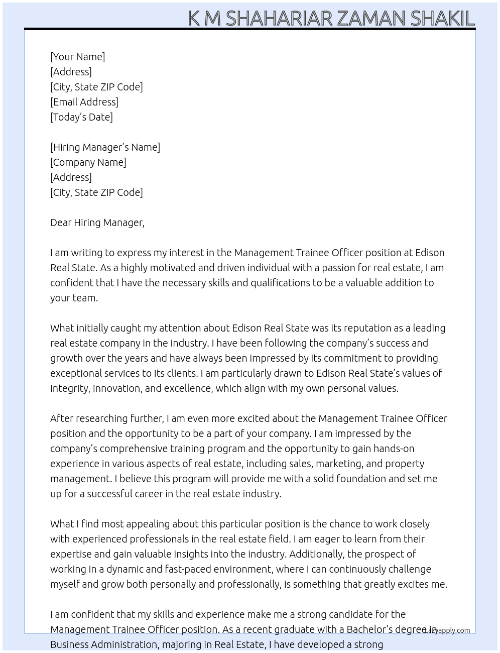 Mannagement Trainee Officer At EDISON REAL STATE Cover Letter