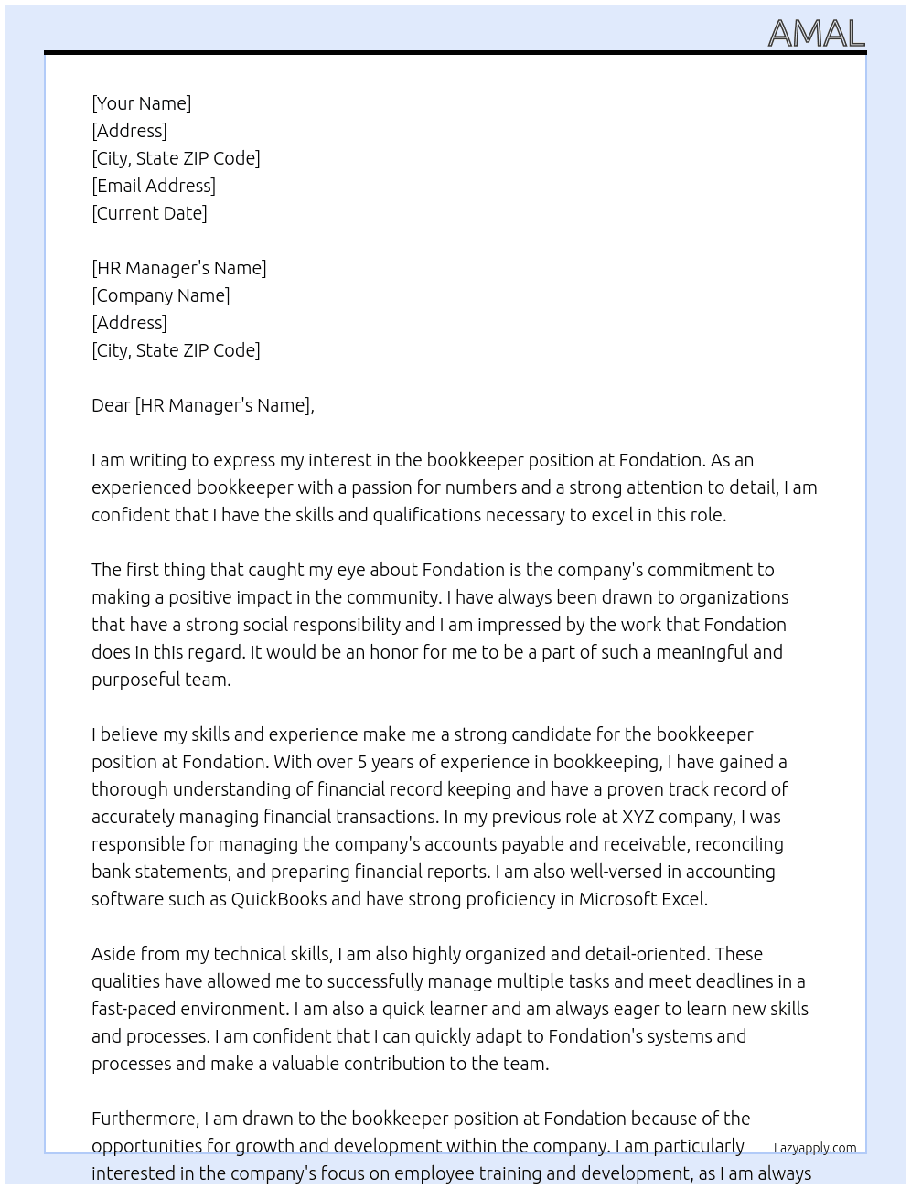 bookkeeper At fondation Cover Letter