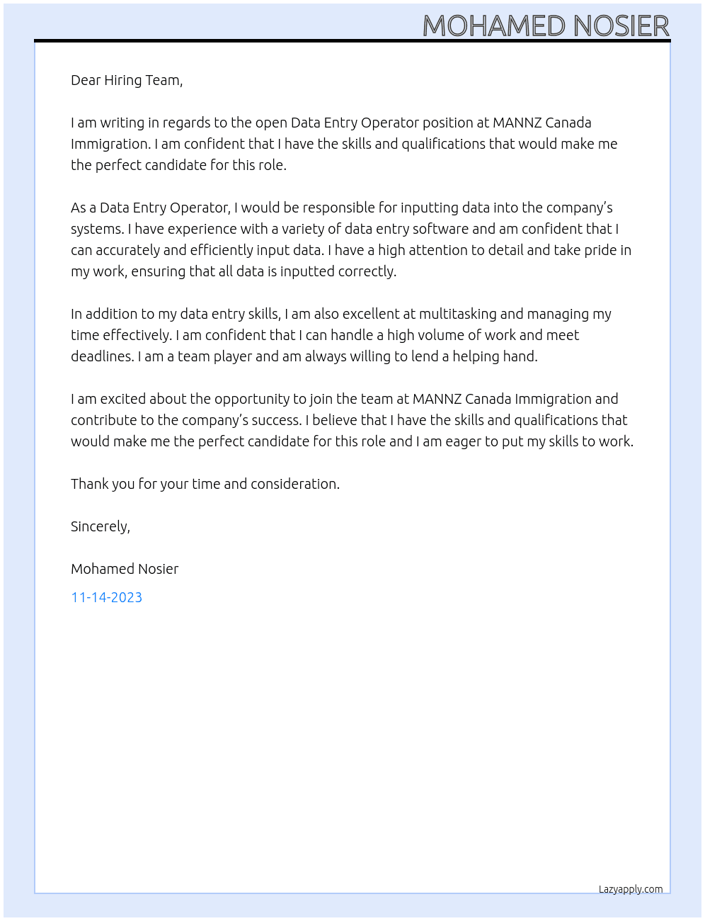 Data entry operator  At MANNZ CANADA IMMIGRATION Cover Letter
