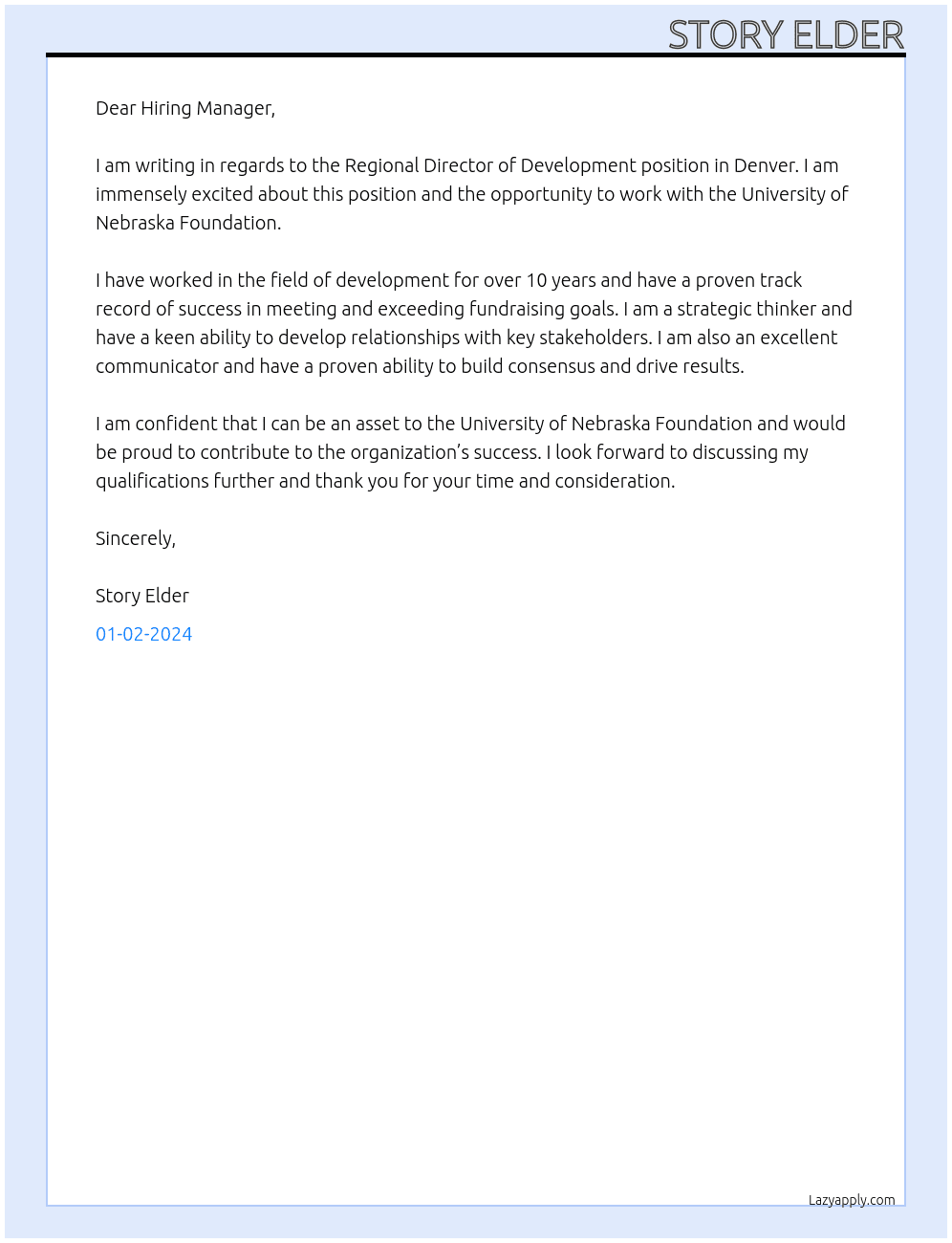 Regional Director of Development (Denver) At University of Nebraska Foundation Cover Letter