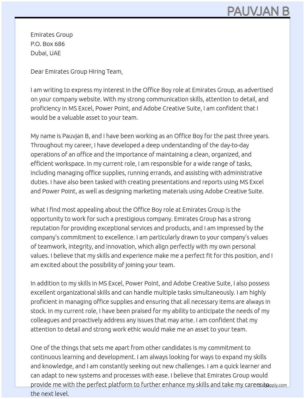 Office Boy At Emirates Group Cover Letter