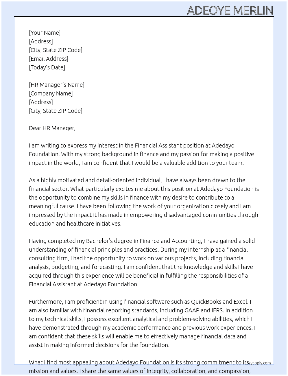 Financial Assistant At Adedayo Foundation Cover Letter