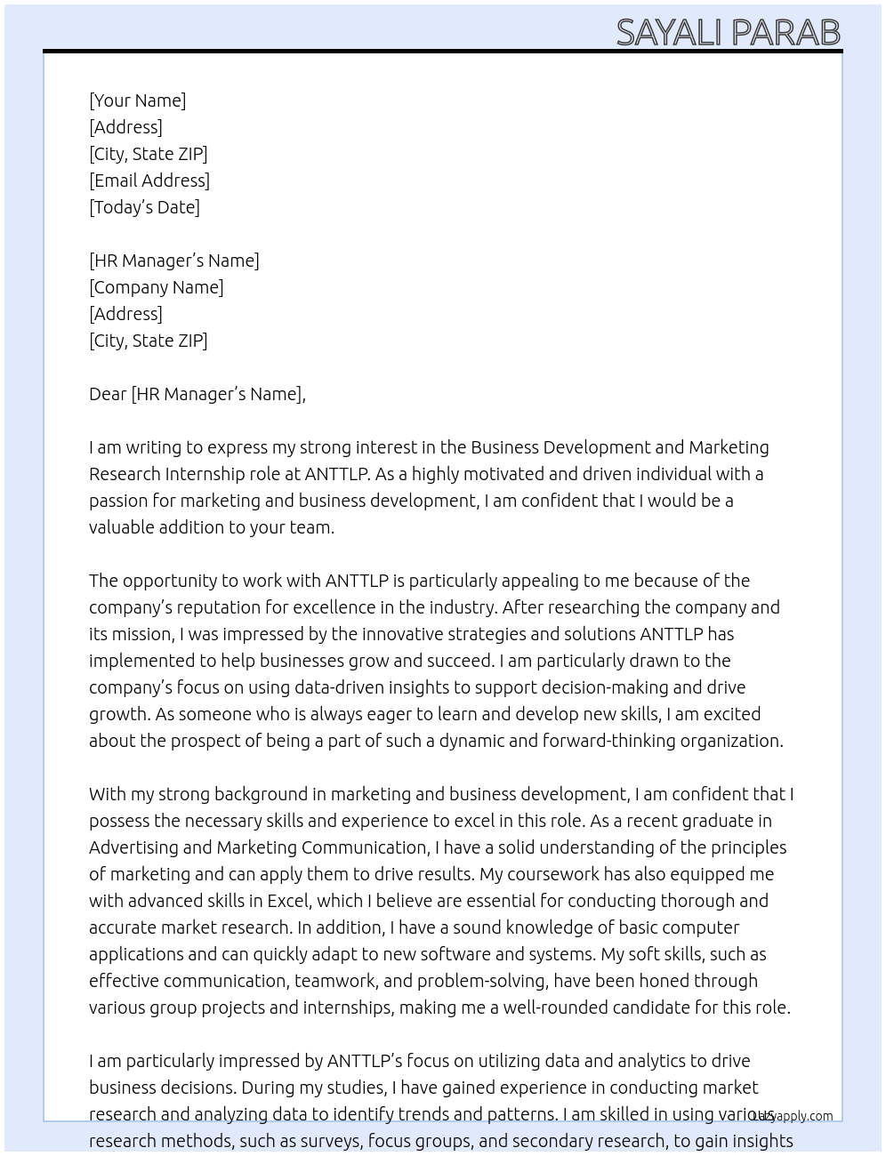 Business Development and marketing research intern  At ANTTLP Cover Letter