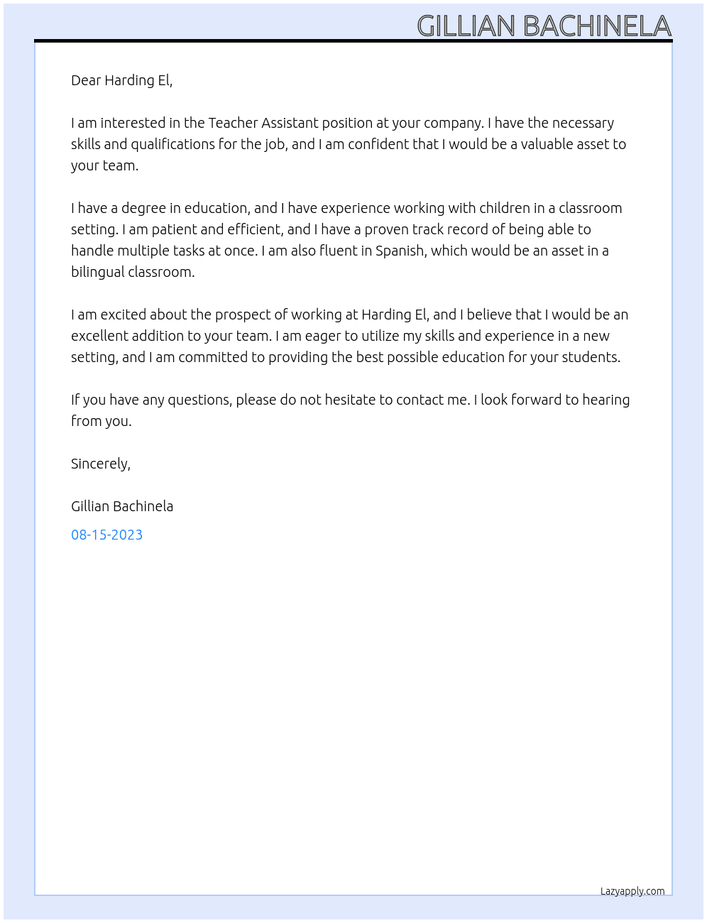 Teacher assistant At Harding El Cover Letter