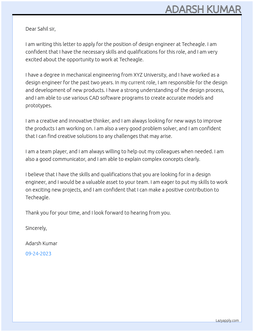 Design engineer  At Techeagle  Cover Letter