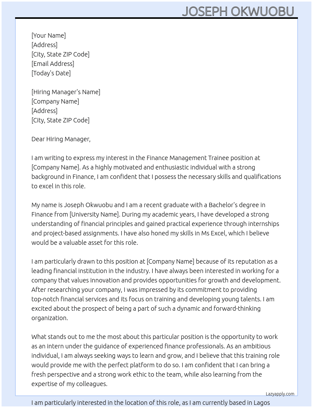 Finance Management Trainee At Finance Management Trainee Cover Letter