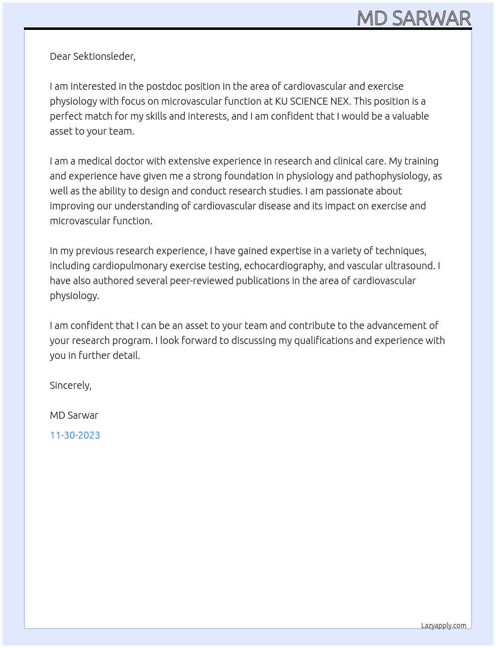 Postdoc in the area of Cardiovascular and exercise physiology with focus on microvascular function At KU SCIENCE NEX Cover Letter