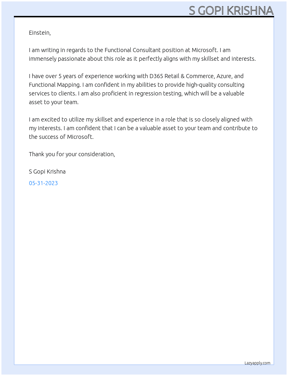 Functional Consultant At Microsoft Cover Letter