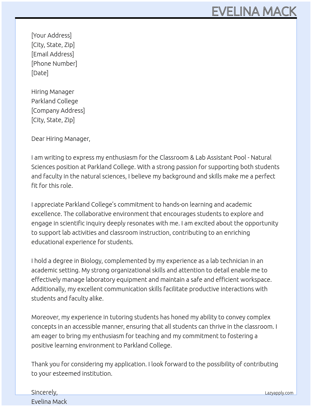 Classroom & Lab Assistant Pool - Natural Sciences  At Parkland College Cover Letter