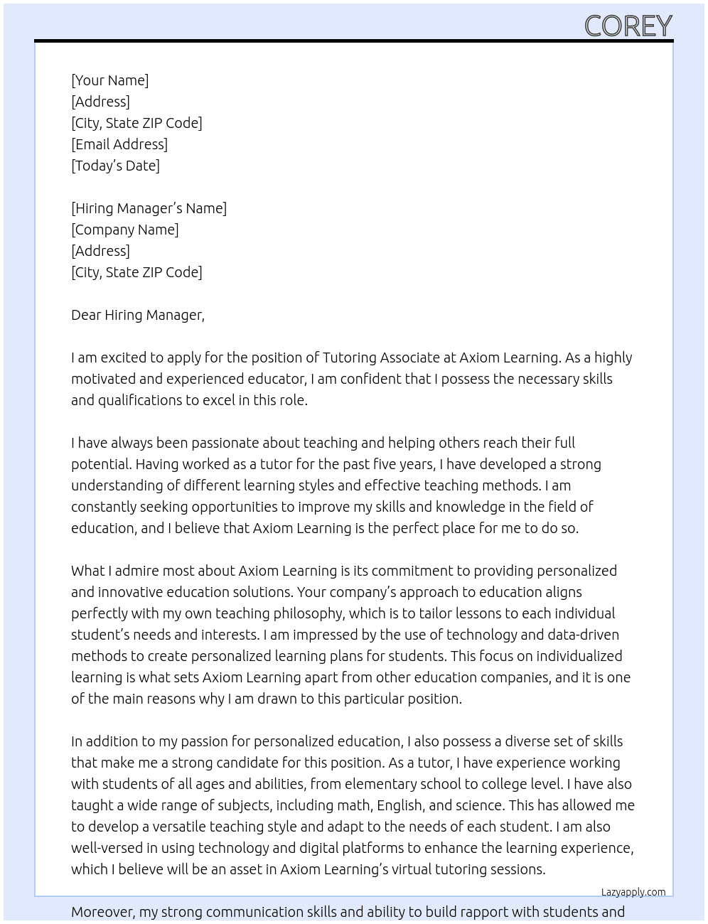 Tutoring Associate At Axiom Learning Cover Letter