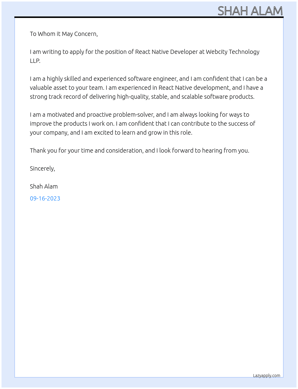 React Native Developers At Webcity Technology LLP Cover Letter