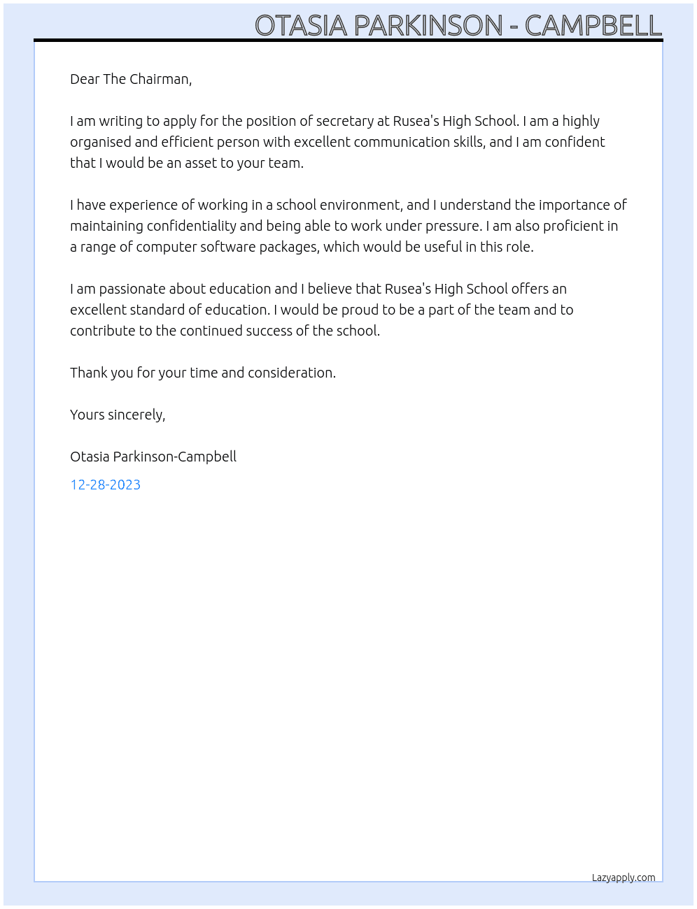 secretary At Rusea's High School Cover Letter