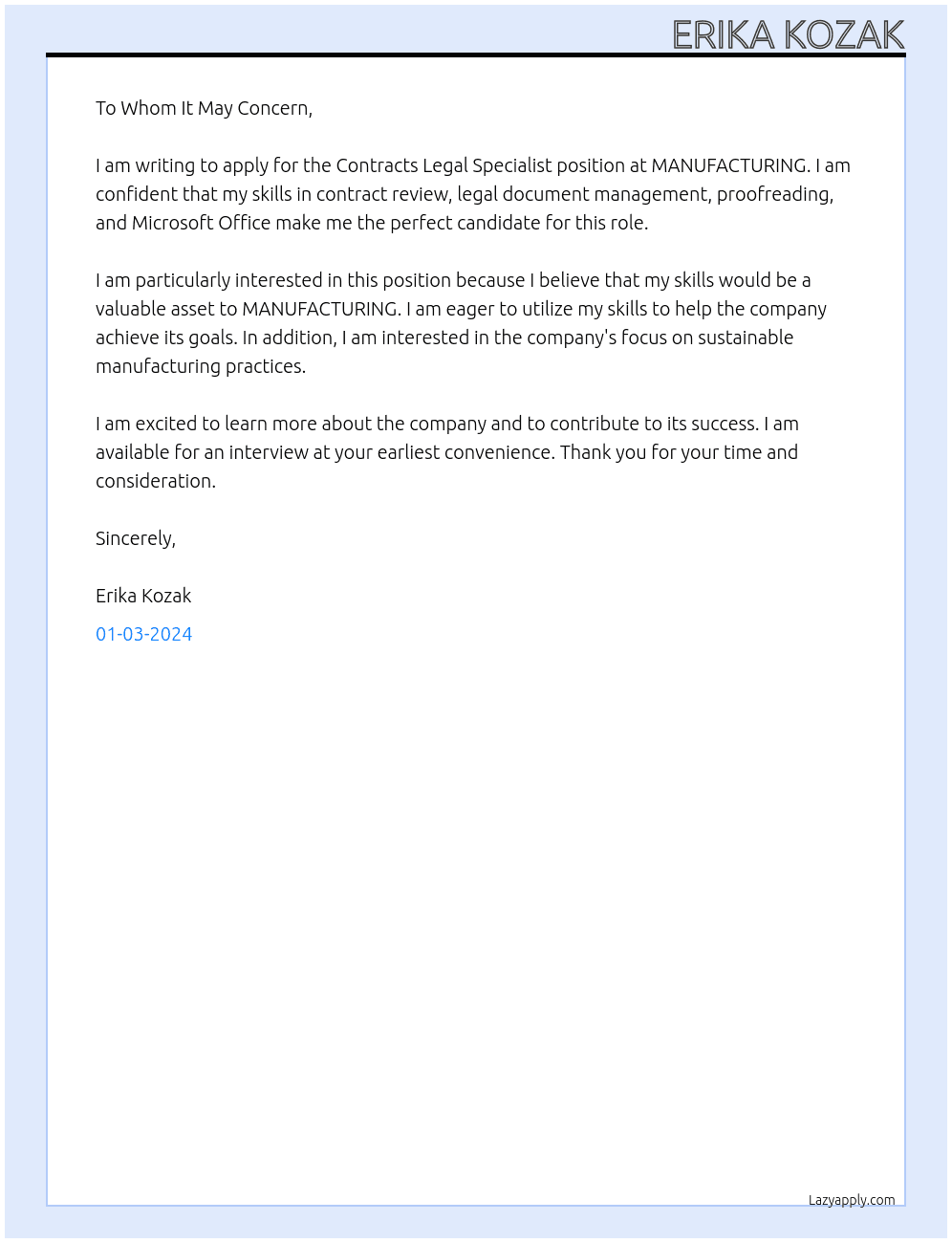Contracts Legal Specialist At MANUFACTURING Cover Letter