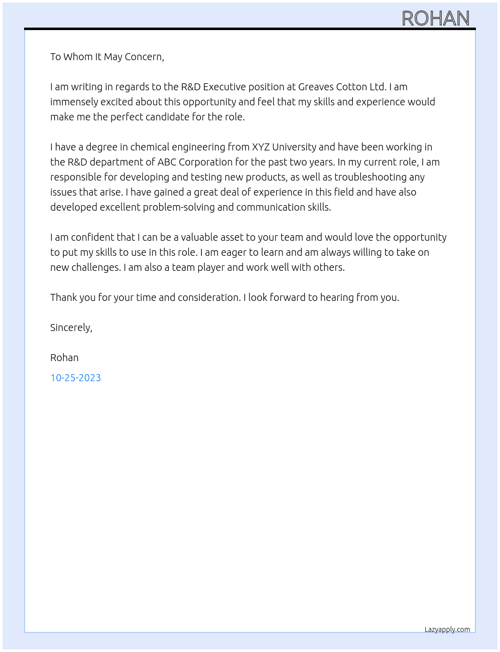 R&D Executive  At GREAVES COTTON LTD Cover Letter