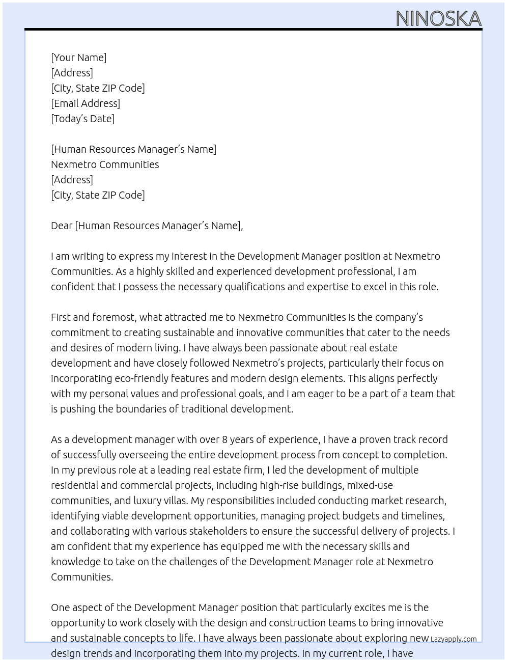 Development Manager At Nexmetro communities Cover Letter