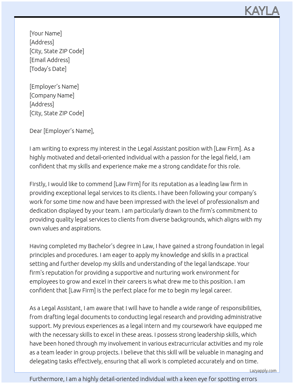 Legal assistant  At Law firm  Cover Letter