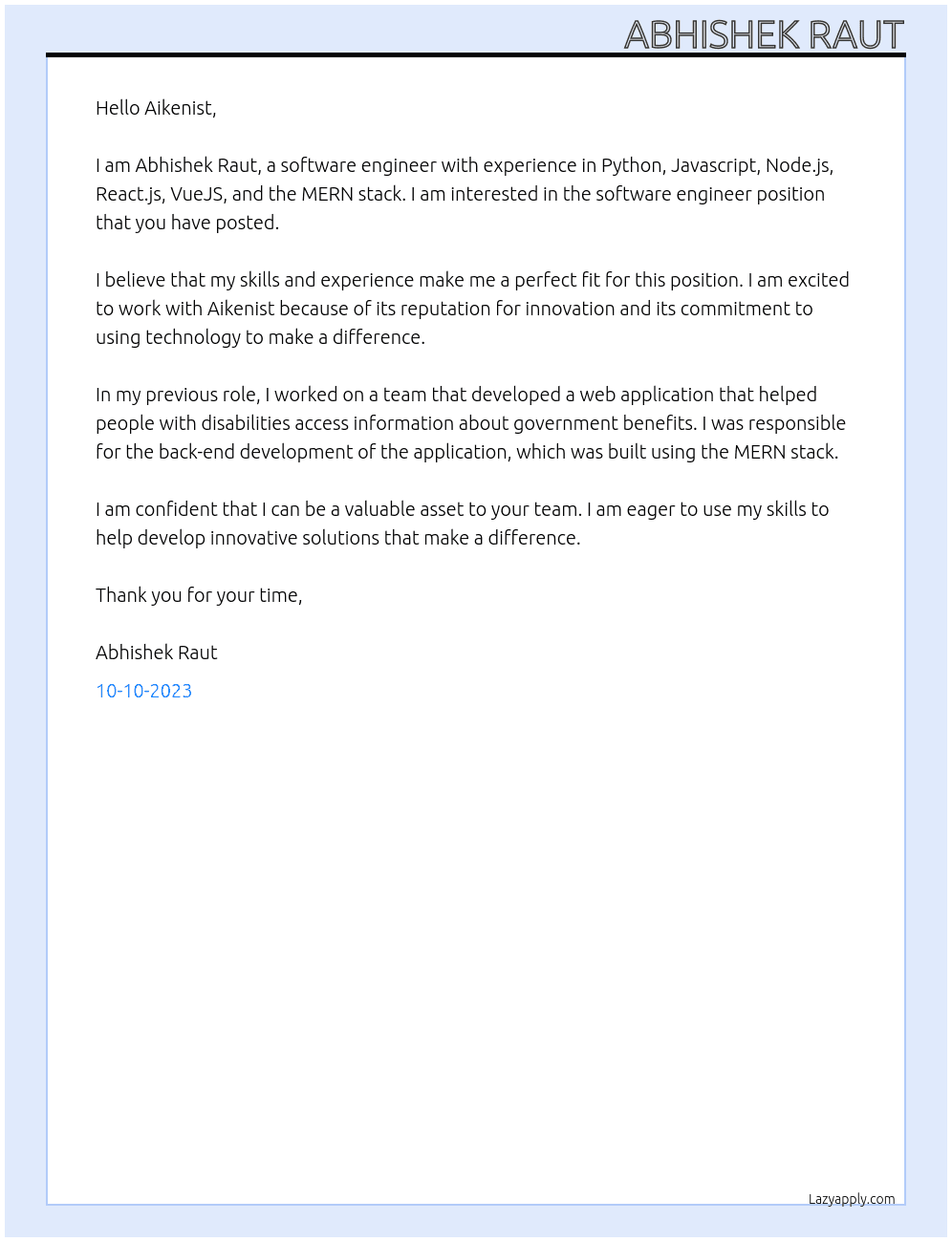 Software Engineer At Aikenist Cover Letter
