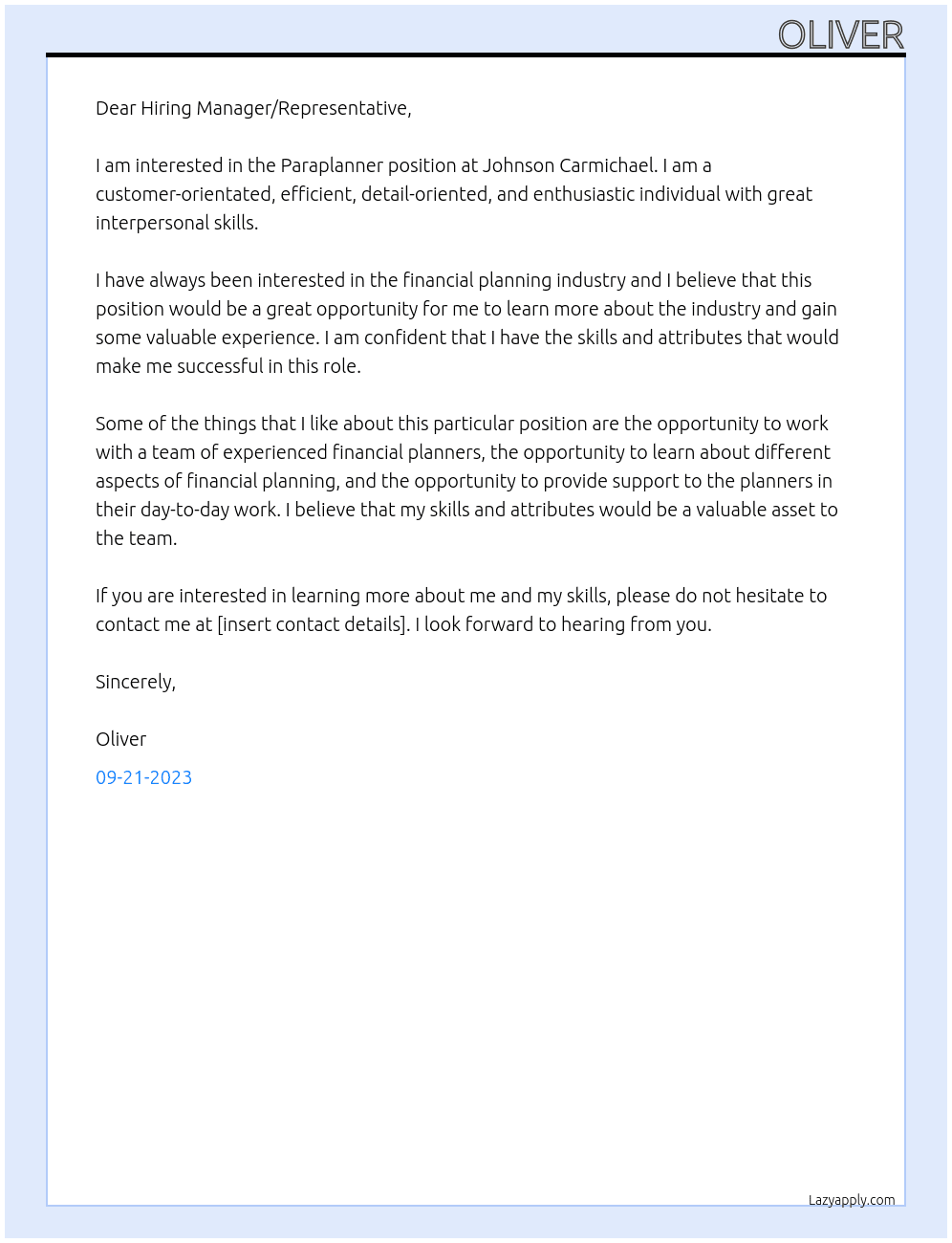 Paraplanner At Johnson Carmichael Cover Letter