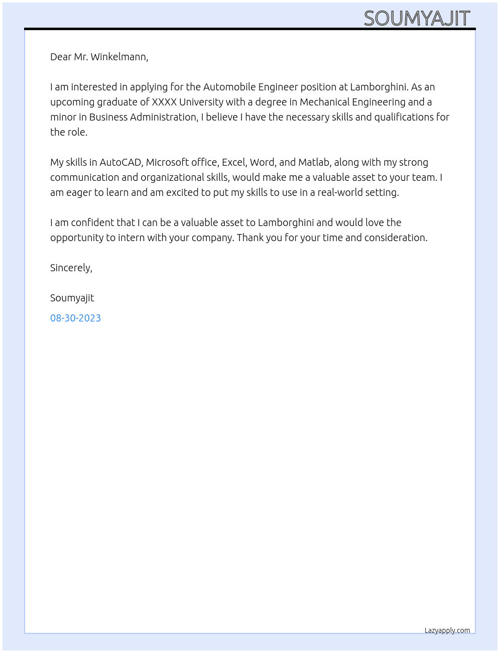 Automobile Engineer  At Lamborghini  Cover Letter