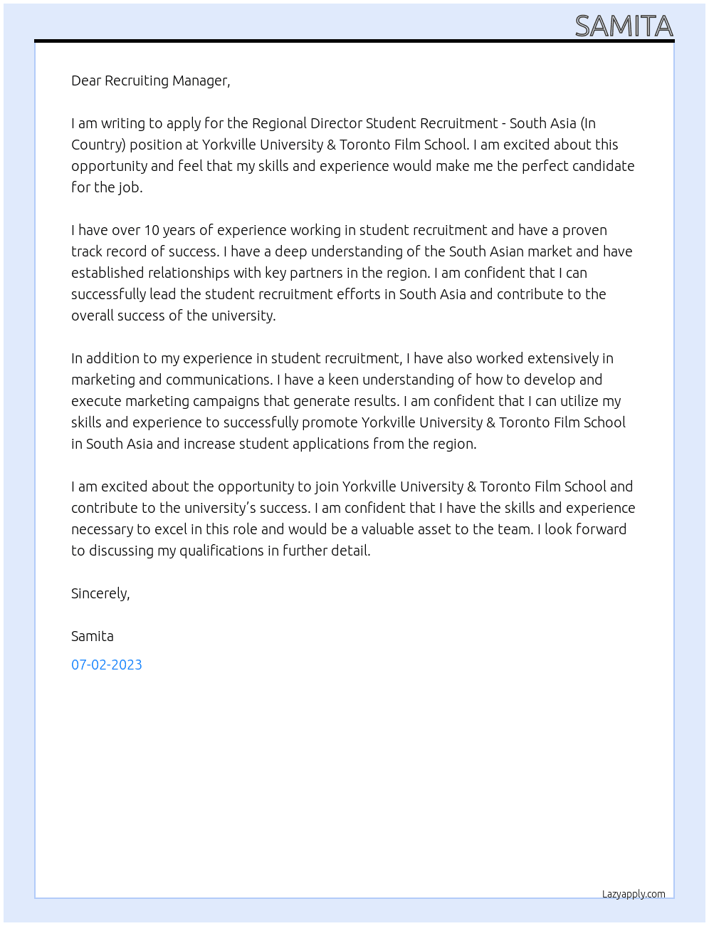 Regional Director Student Recruitment - South Asia (In Country) At Yorkville University & Toronto Film School  Cover Letter