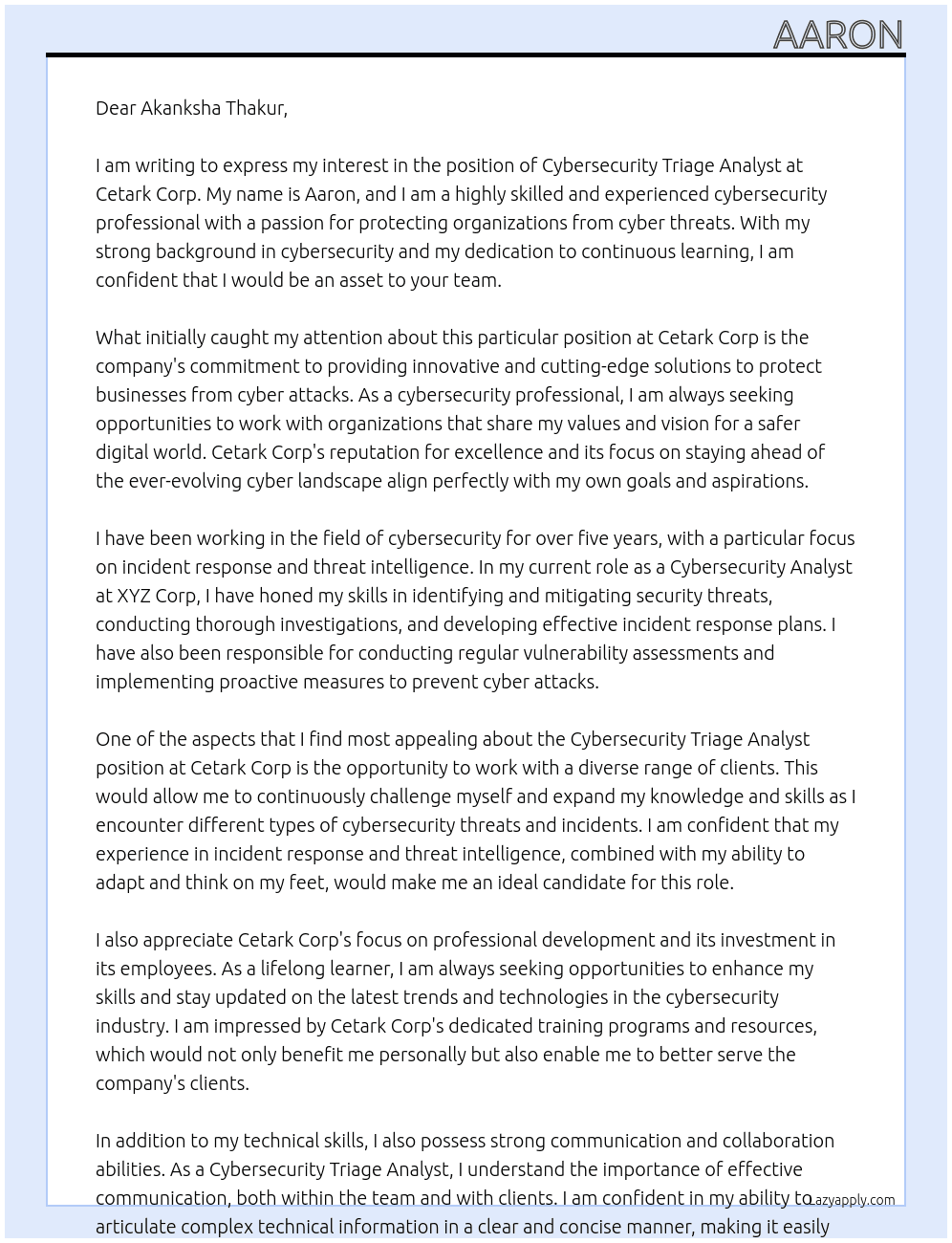 Cybersecurity Triage Analyst At Cetark corp Cover Letter