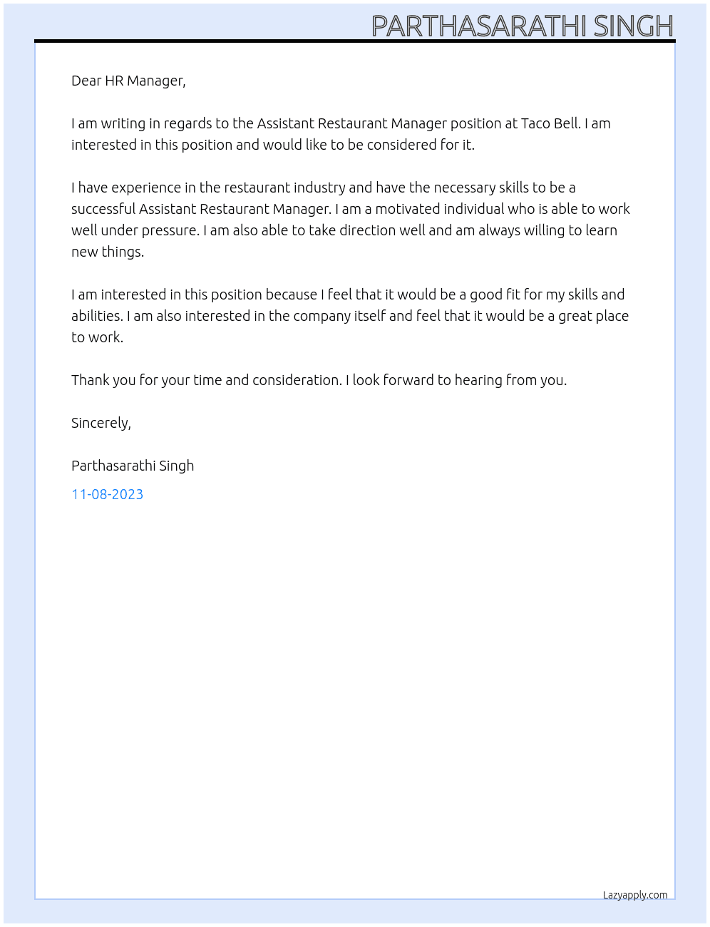 Assistant Restaurant Manager At Taco Bell Cover Letter