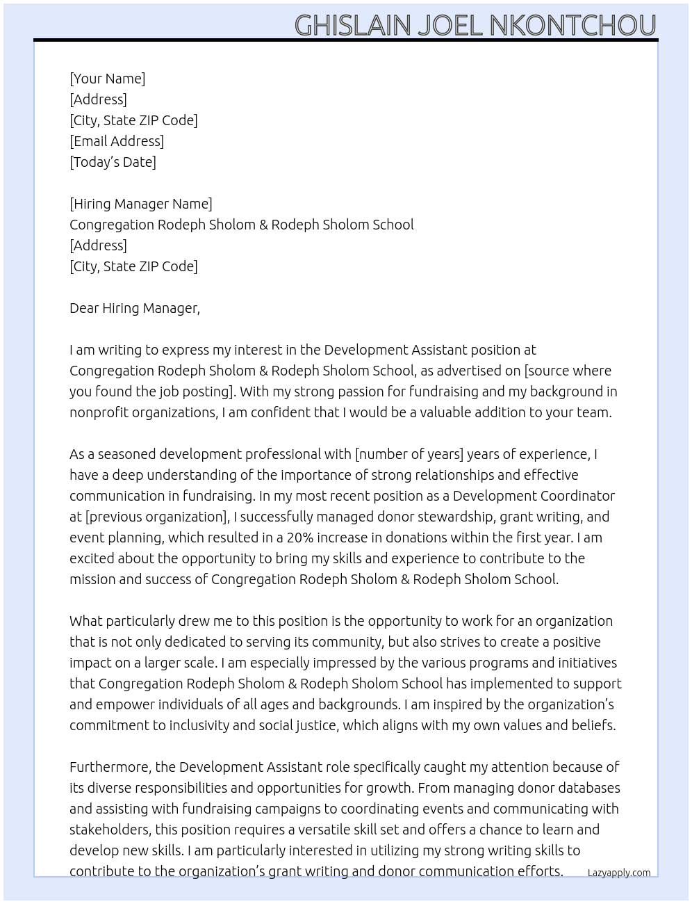 Development Assistant At Congregation Rodeph Sholom & Rodeph Sholom School Cover Letter
