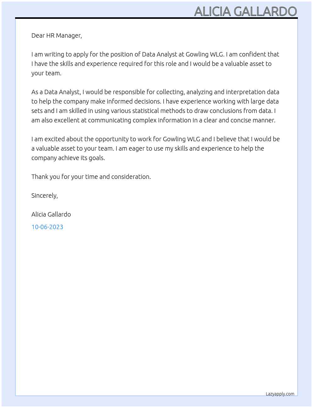 Data Analyst At Gowling WLG Cover Letter