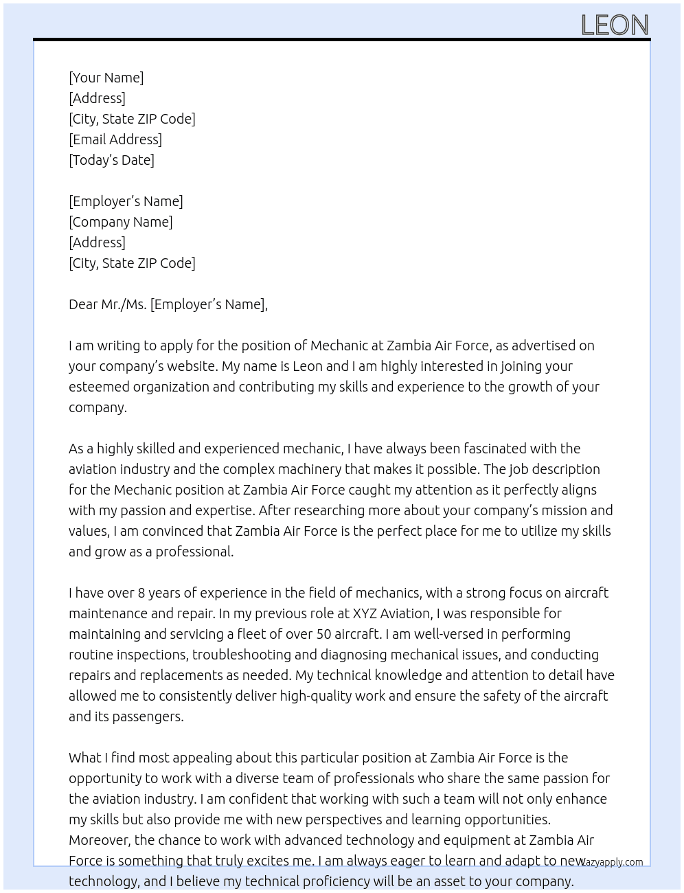 Machenic At Zambia air force  Cover Letter