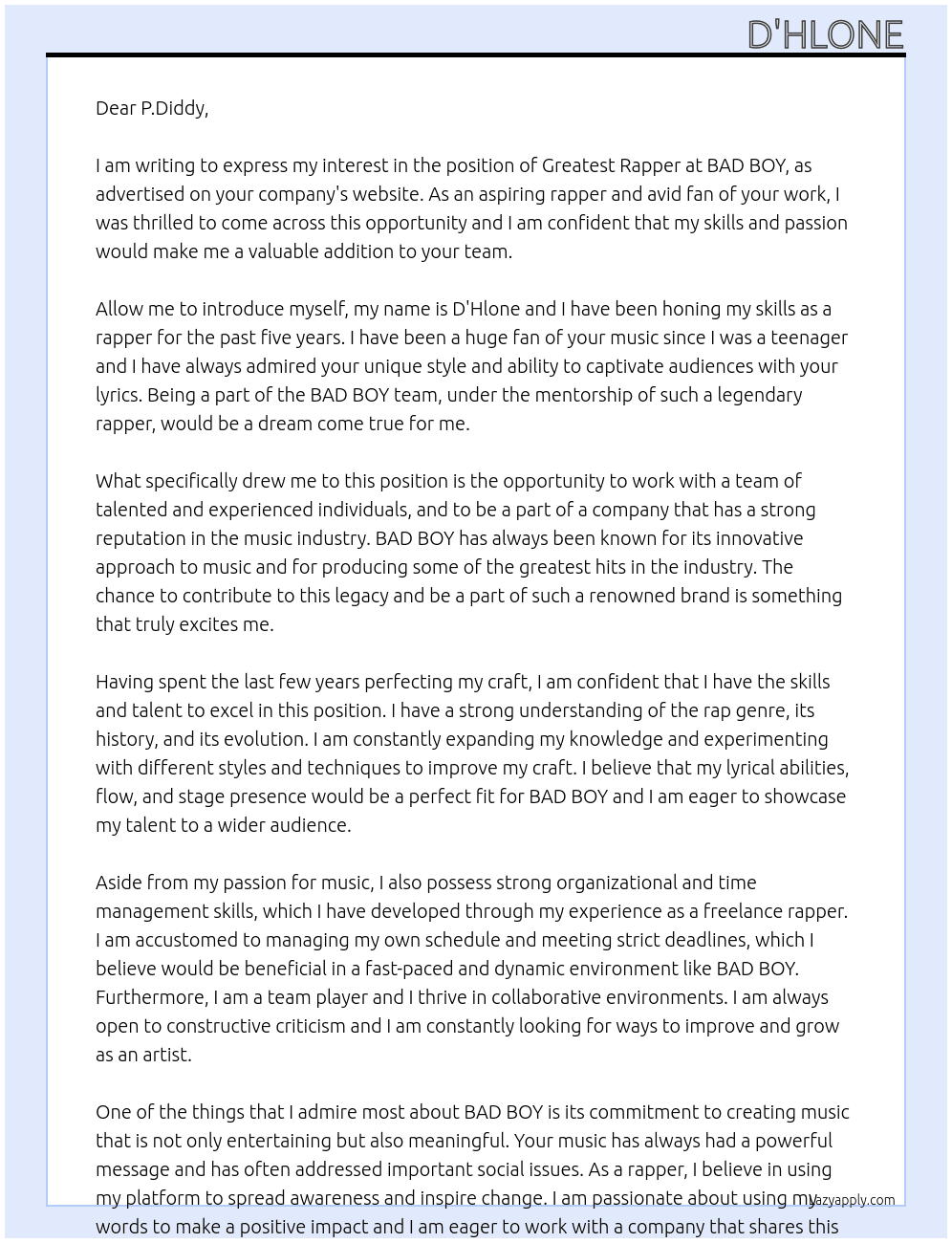 Greatest Rapper  At BAD BOY Cover Letter