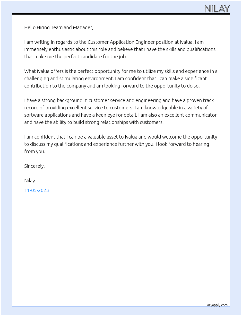 Customer Application Engineer At Ivalua Cover Letter