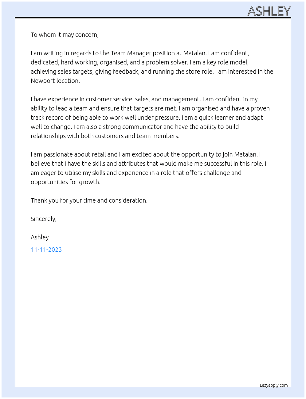 Team Manager  At Matalan  Cover Letter
