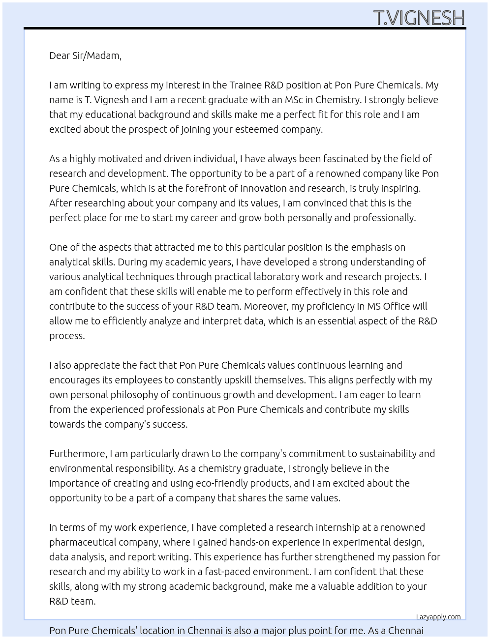 Trainee R&D At Pon pure chemicals  Cover Letter